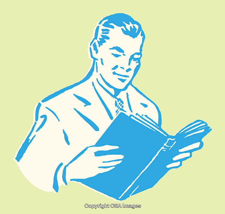 Retro Style Illustration of Man Reading a Book in Blue and Beige Colors