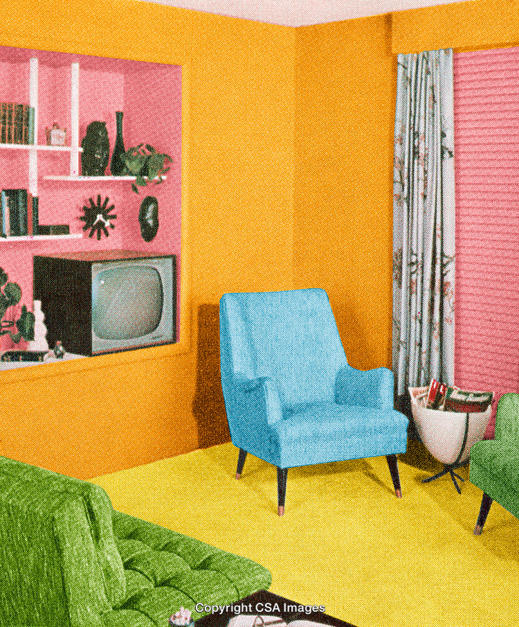 Brightly Colored Retro Living Room With Armchairs and Vintage Television Display