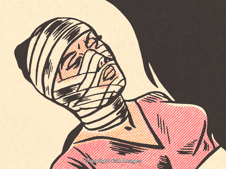 Bandaged Person Illustration in Comic Strip Style with Bold Colors and Patterns