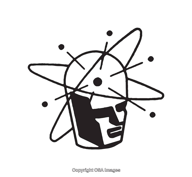 Black and White Atomic Head Illustration with Orbiting Elements