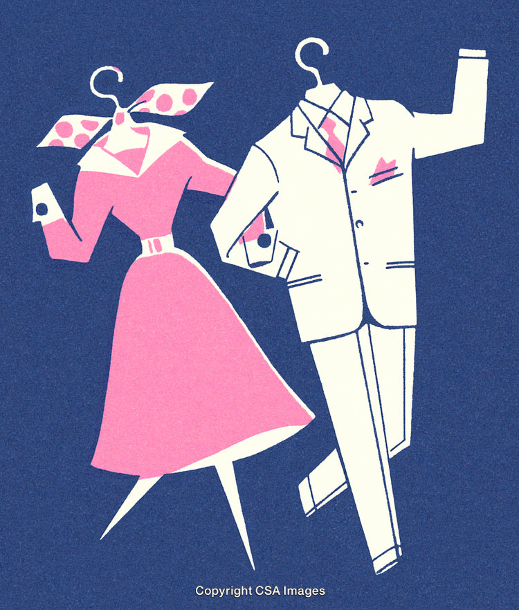 Stylized Illustration of Suit and Dress with Hangers on Blue Background