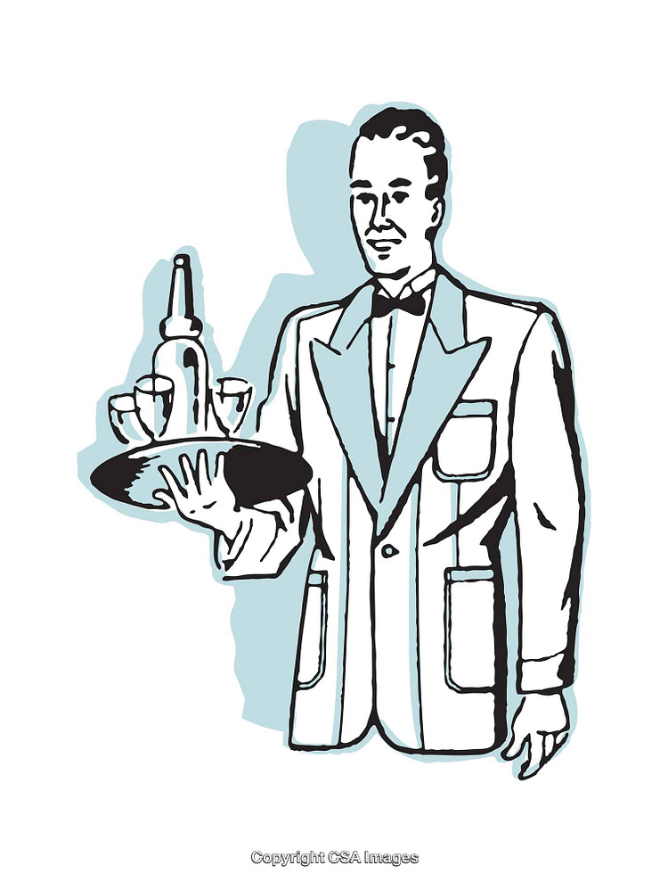 Vintage Illustration of a Formal Waiter with Serving Tray