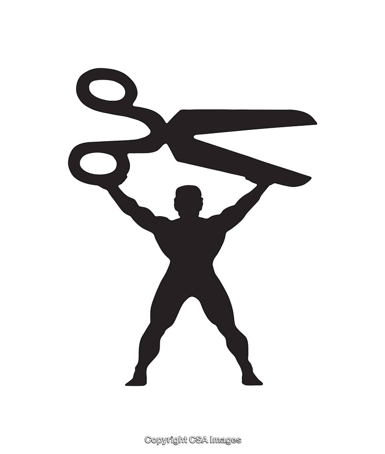 Silhouette of a Strongman Lifting Large Scissors in Black and White