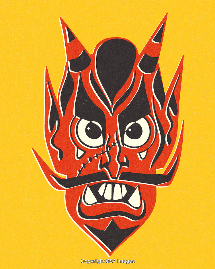 Bold Graphic of a Red Devil Mask on Bright Yellow Background