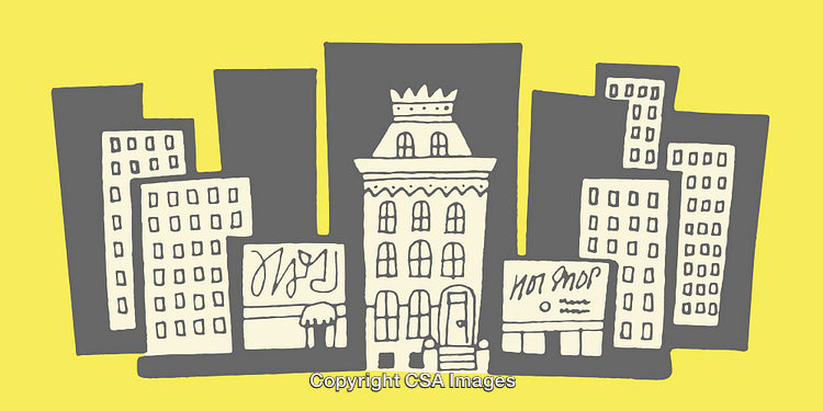 Hand-Drawn Illustration of Cityscape Buildings in Yellow and Gray Colors