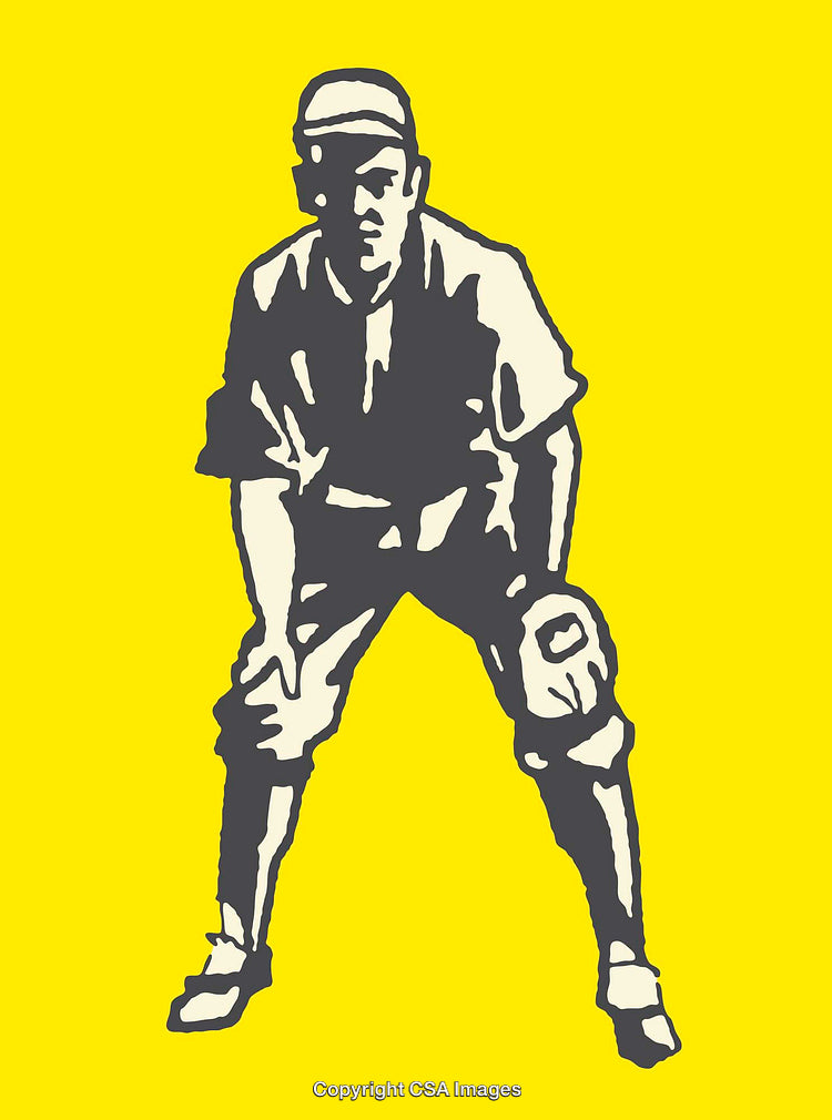 Vintage Baseball Illustration in Colorful Line Art on Yellow Background
