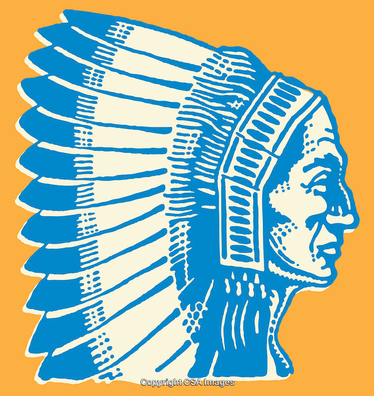Blue Line Art Illustration of a Feathered Headdress on Orange Background