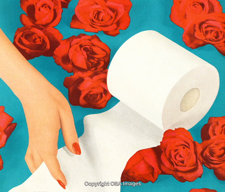 Retro Pop Art Hand with Toilet Paper and Roses on Vibrant Blue Background