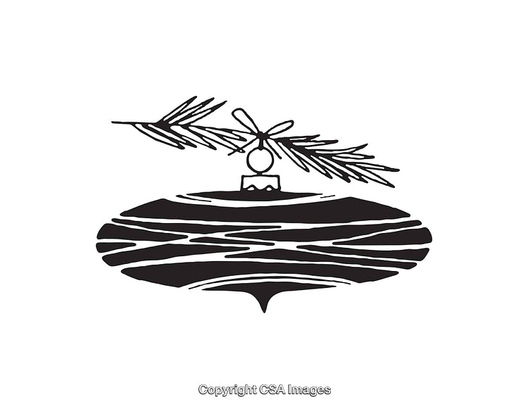 Black and White Illustration of a Christmas Ornament on Branch