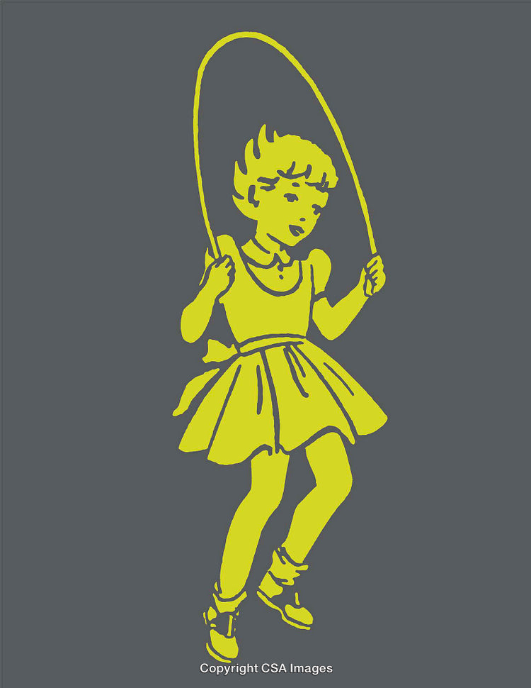 Yellow Line Art Illustration of Girl Skipping Rope on Dark Background