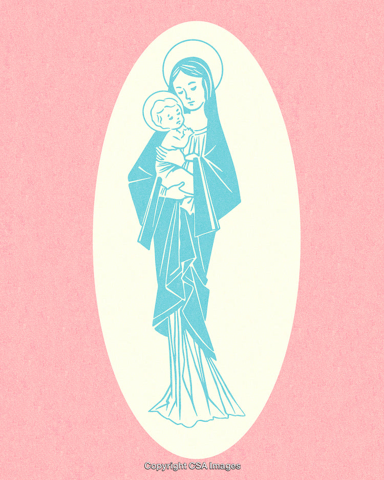 Blue Religious Artwork of Mary Holding Infant Jesus on Pink Background