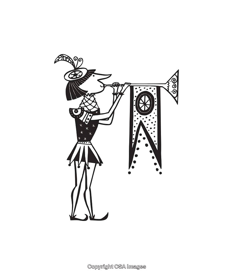 Line Art Illustration of a Herald with Banner and Trumpet
