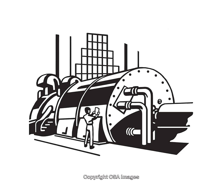 Industrial Boiler Line Art with Worker in Black and White Illustration