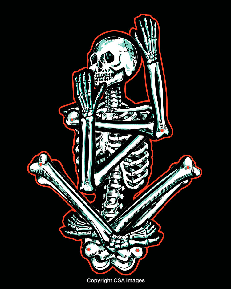 Skeleton in Meditation Pose with Black Background and Vibrant Details