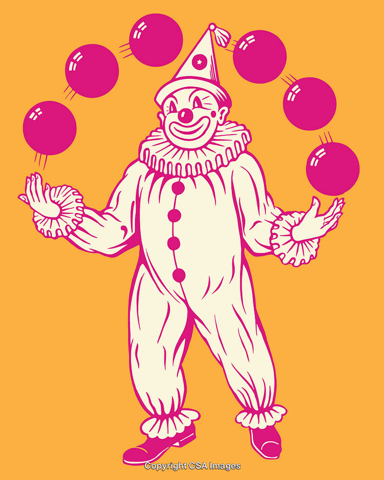 Colorful Line Art Illustration of a Juggling Clown with Vibrant Background