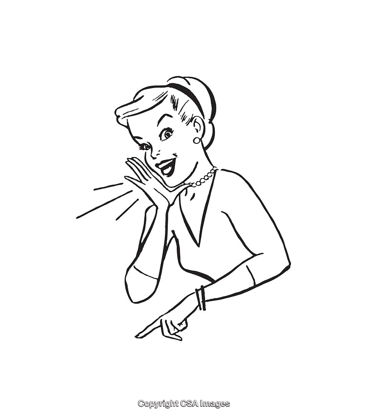 Retro Black and White Line Art of Excited Woman Pointing and Smiling