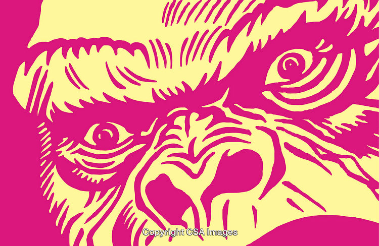 Stylized Illustration of a Gorilla Face in Vibrant Pink and Yellow Shades