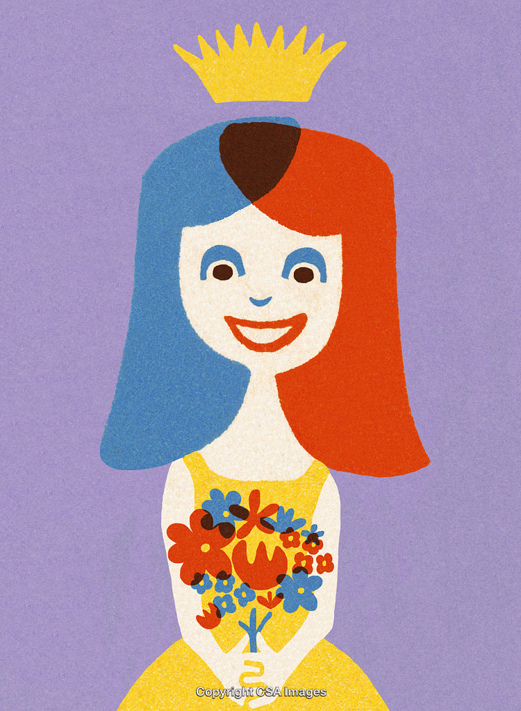 Colorful Character Illustration Holding Flowers with a Crown on Background