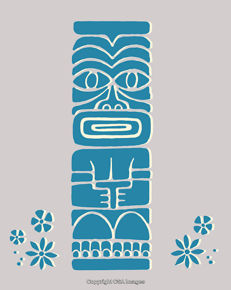 Blue Tribal Style Totem Illustration with Floral Designs on Light Background