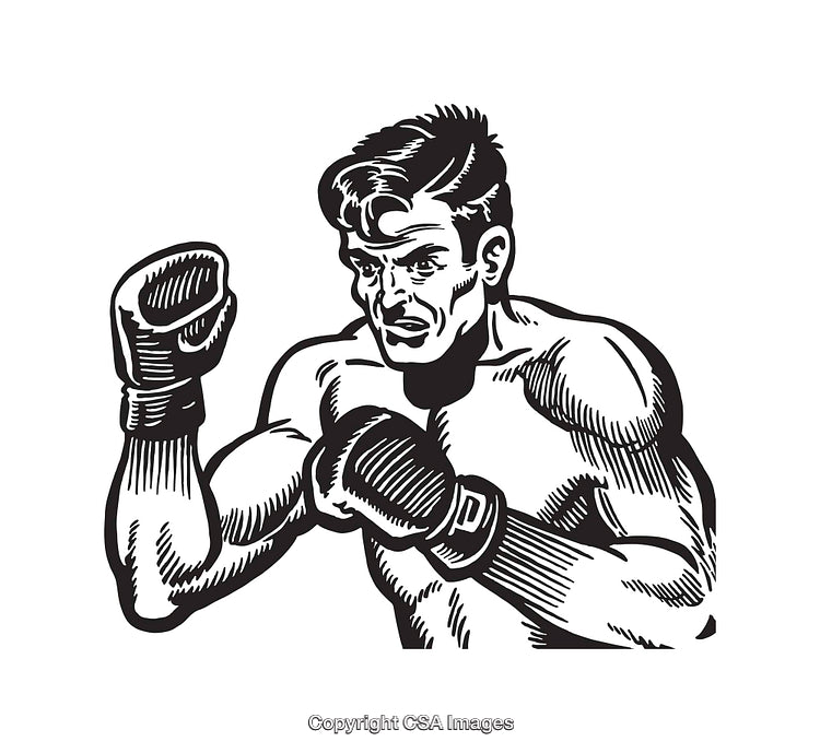 Vintage Line Art Illustration of a Boxer in a Fighting Stance