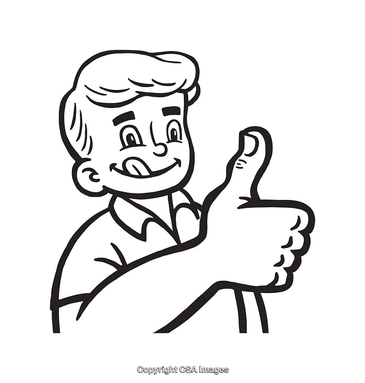Retro Line Art Illustration of Smiling Character Giving a Thumbs Up Gesture