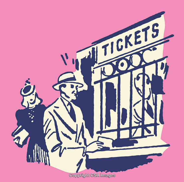 Elegant Couple Buying Tickets at a Vintage Booth in Stylish Outline Art