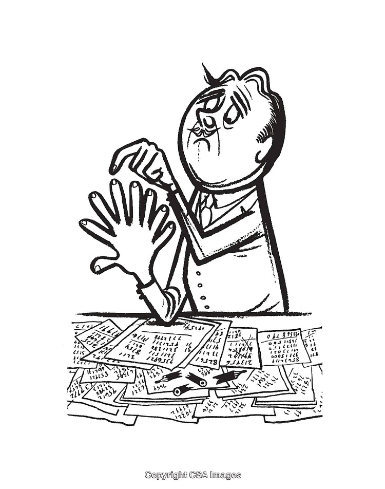Black And White Illustration of a Man at a Desk With Papers