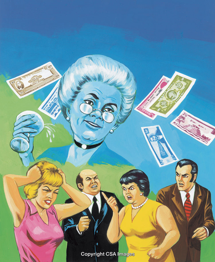 Surreal Illustration Depicting Family Argument and Financial Struggles