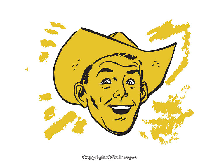 Vintage Illustration of a Smiling Cowboy Wearing a Hat with Retro Accents
