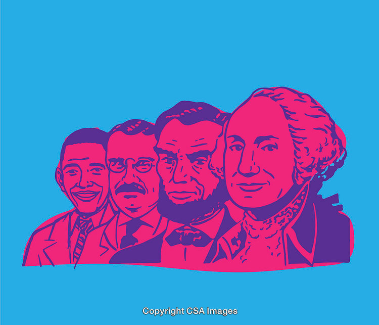 Colorful Line Art Illustration of Historical Leaders on Vibrant Blue Background
