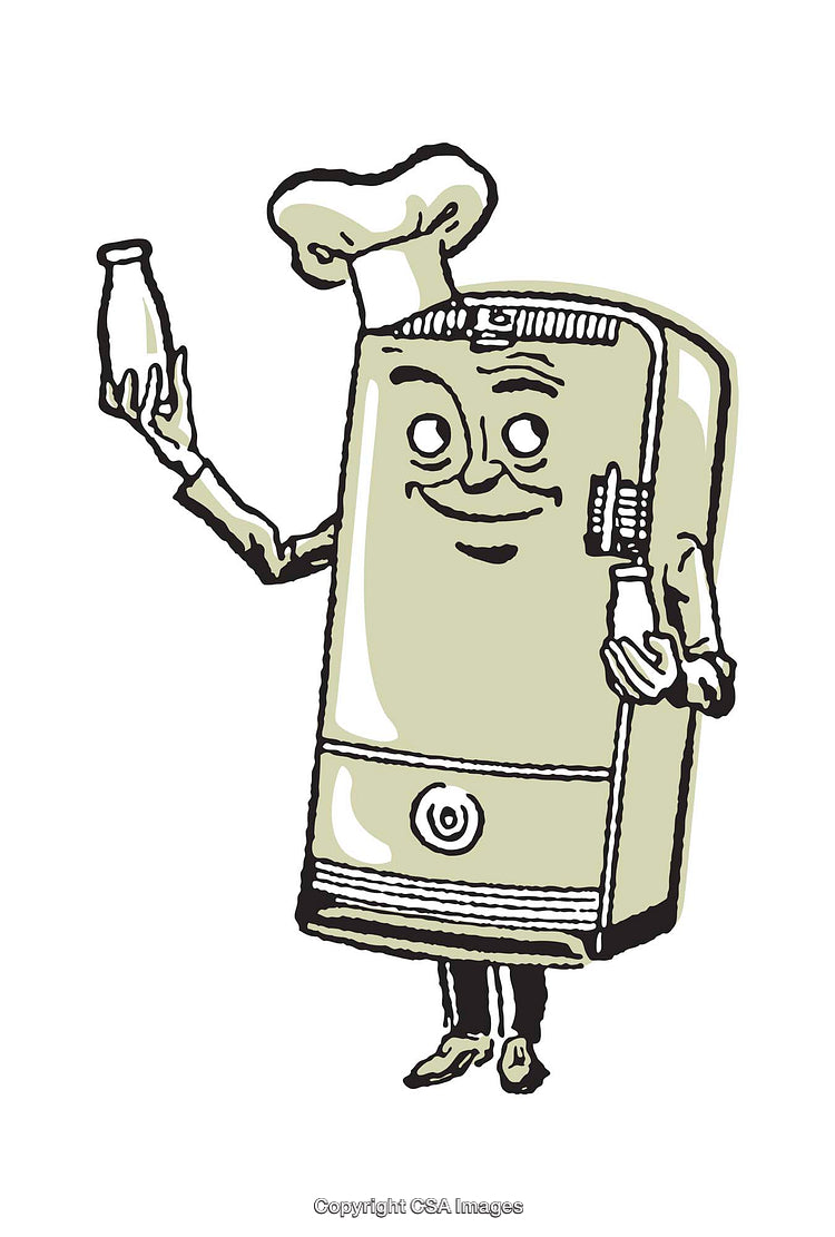 Illustrated Anthropomorphic Refrigerator With Chef Hat and Milk Bottle