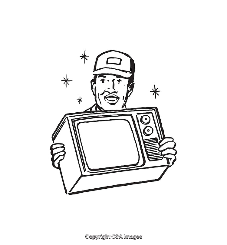 Black and White Illustration of a Man Holding a Vintage Television