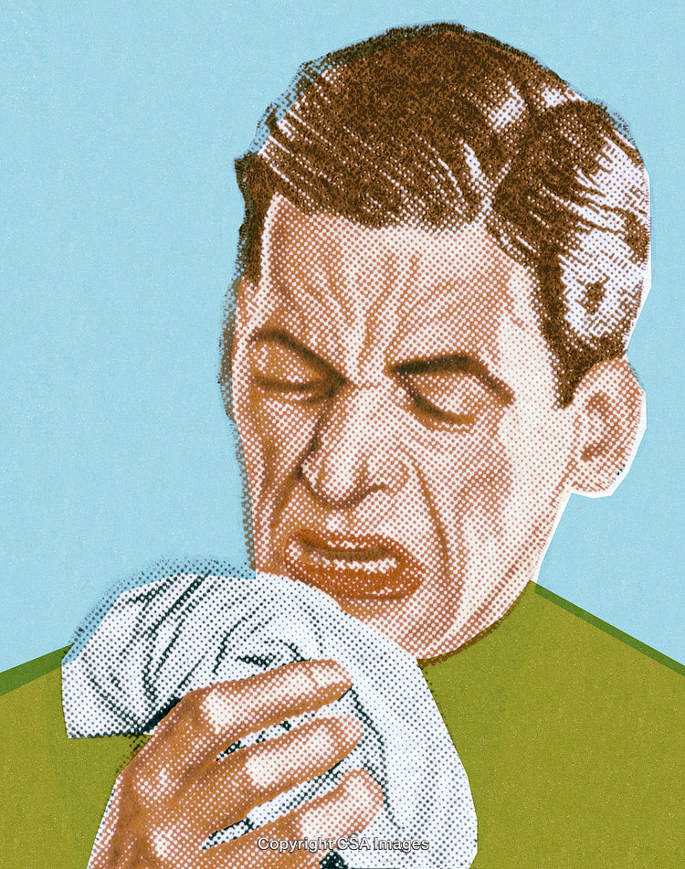 Illustrated Portrait of a Man Sneezing with a Handkerchief Against a Blue Background