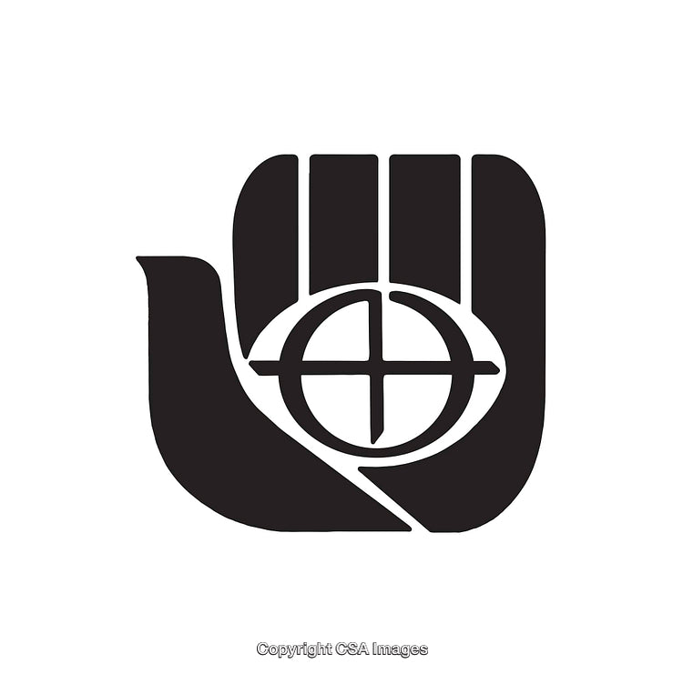 Monochrome Icon Depicting a Hand with an Eye and Cross Symbol