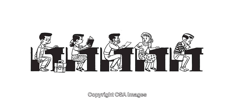 Black and White Illustration of Students Sitting in a Classroom
