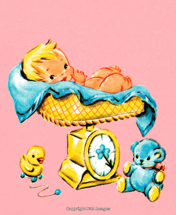 Vintage Illustration of a Baby on a Scale with Toys