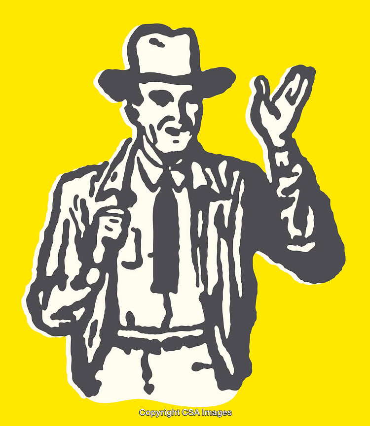 Vintage Style Illustration of a Man Gesturing on Yellow Background