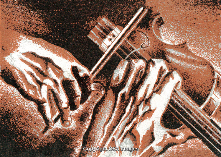 Detailed Artistic Illustration of Hands Playing a String Instrument Close-Up