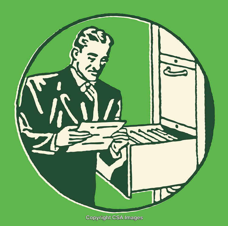 Vintage Style Illustration of Man Filing Documents in a Green Circle Design