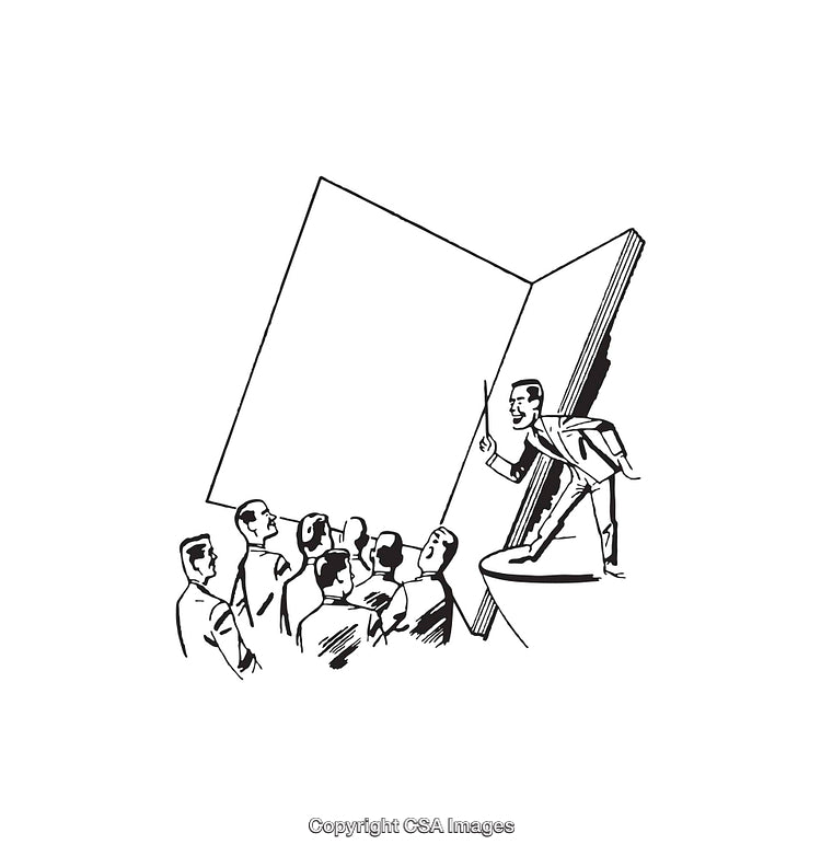 Retro Style Illustration of a Group Learning from a Speaker with a Book