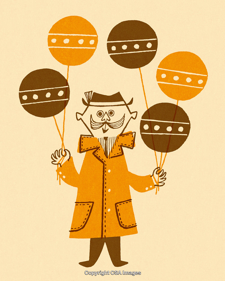 Vintage Illustration of a Cartoon Character Holding Orange and Brown Balloons