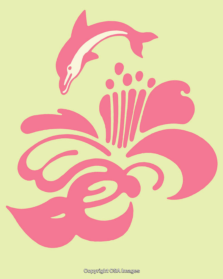 Vibrant Dolphin and Hibiscus Line Art Illustration on Lime Background