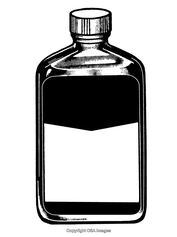 Black And White Engraving of a Rectangular Glass Bottle