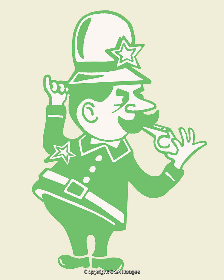 Playful Cartoon Policeman Illustration in Green Tones on Beige Background
