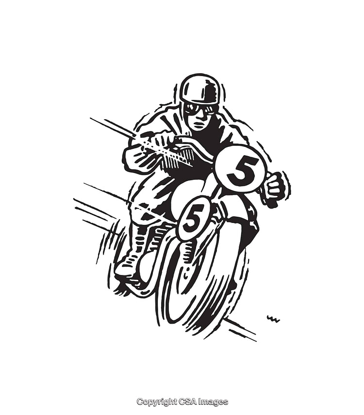 Vintage Style Line Art of a Motorcyclist During a Race