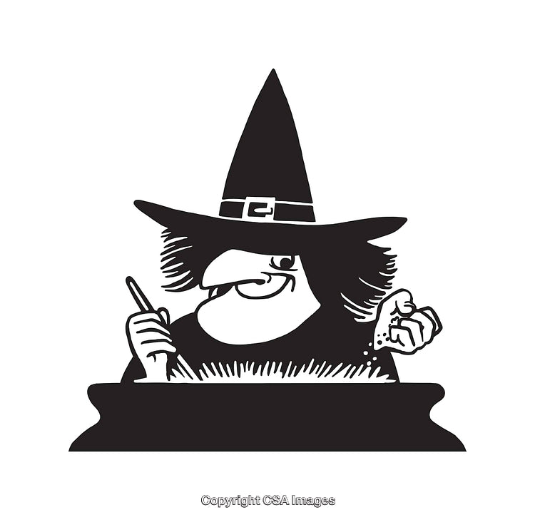 Black and White Witch Stirring a Cauldron with a Magical Potion