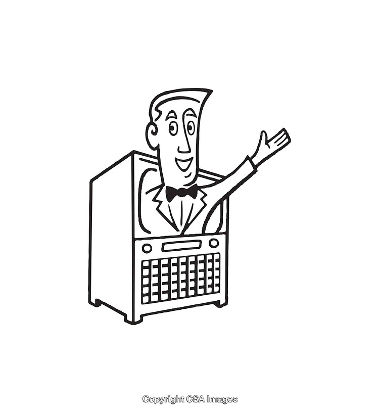 Retro Style Line Art of a Cheerful Presenter in a Television