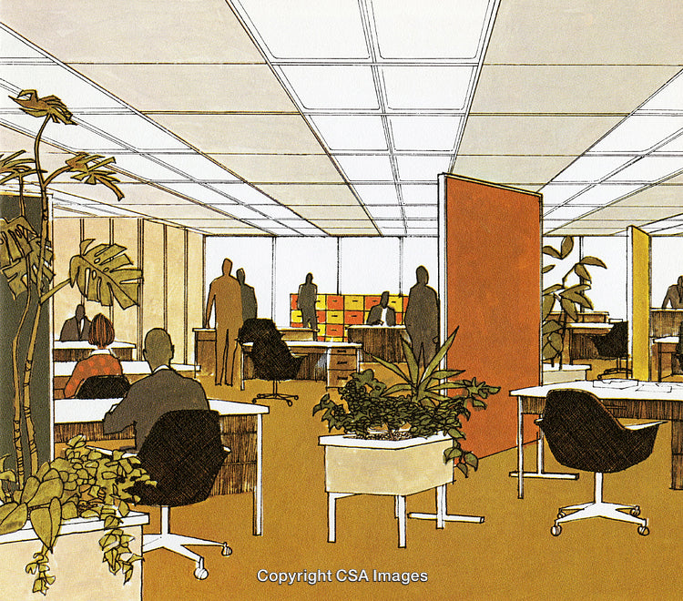 Illustrated Open Office Space with Plants and Collaborative Work Environment