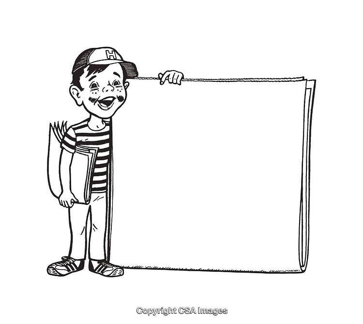 Black and White Illustration of a Smiling Boy Advertising with a Large Banner