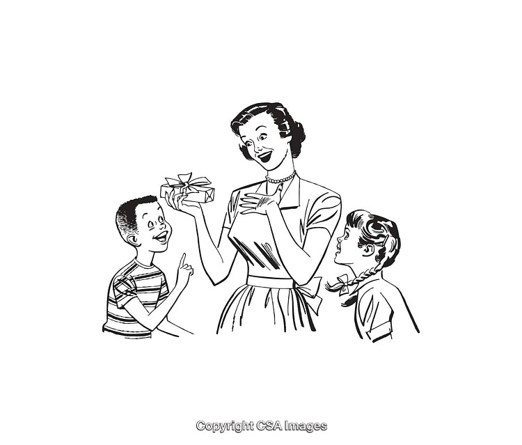 Vintage Illustration of a Family Moment Showing Giving and Celebration